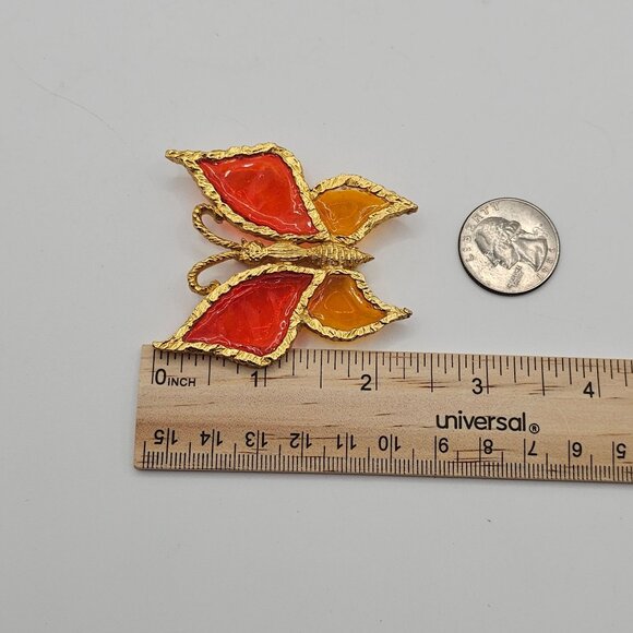 Vtg Red Amber Butterfly Brooch Pin Resin Wings Gold Tone Stained Glass Style - Picture 8 of 8